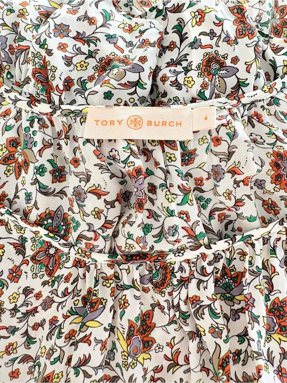 Tory Burch Ivory Soleil 100% Silk Floral Ruffle Peasant Blouse Sz 4 Boho Luxury